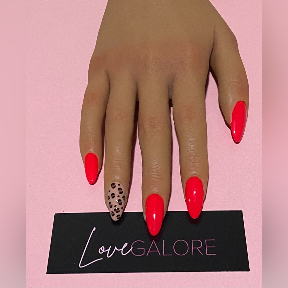 Handcrafted Press on Nails Red Cheetah Glow in dark Medium Almond - Love Galore